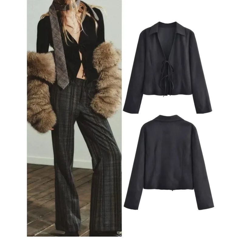 Women's Long Sleeve Open Cropped Shirt Fashion Simple Lady Short Blouses Lace-up Bow Slim Fit Top Autumn Suede-like Collar
Women's Long Sleeve Open Cropped Shirt Fashion Simple Lady Short Blouses Lace-up Bow Slim Fit Top Autumn Suede-like Collar