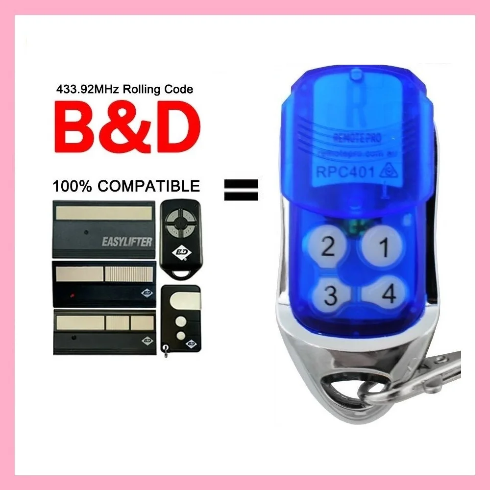 Пульт дистанционного управления для гаражных ворот совместимый с B & D 062170 062162 059120 059409 433 МГц передатчик 433,92 МГц непрерывный код
Пульт дистанционного управления для гаражных ворот совместимый с B & D 062170 062162 059120 059409 433 МГц передатчик 433,92 МГц непрерывный код