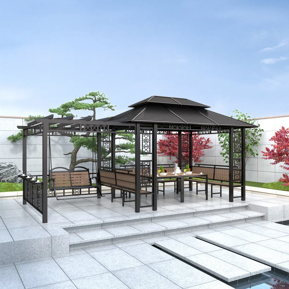 New Design Modern Pavilion Outdoor Metal Gazebo Tent Waterproof Galvanized Steel Gazebos With Swing Seat And Table Garden Set
New Design Modern Pavilion Outdoor Metal Gazebo Tent Waterproof Galvanized Steel Gazebos With Swing Seat And Table Garden Set