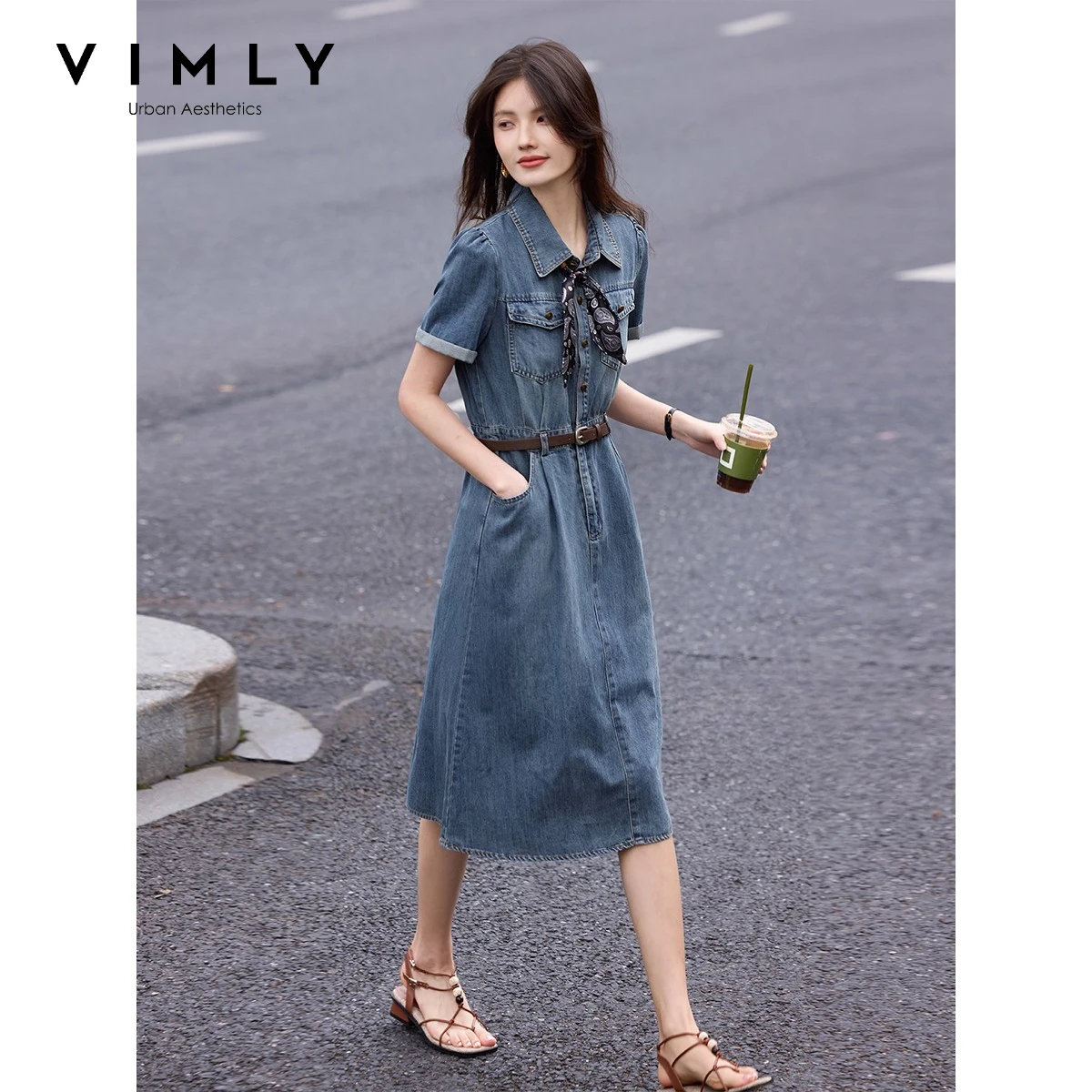 VIMLY Women's Fashion Lapel Denim Dress Summer 2026 New Silk Scarf Decoration Waist Short Sleeve Elegant Midi Dress 31161
VIMLY Women's Fashion Lapel Denim Dress Summer 2026 New Silk Scarf Decoration Waist Short Sleeve Elegant Midi Dress 31161