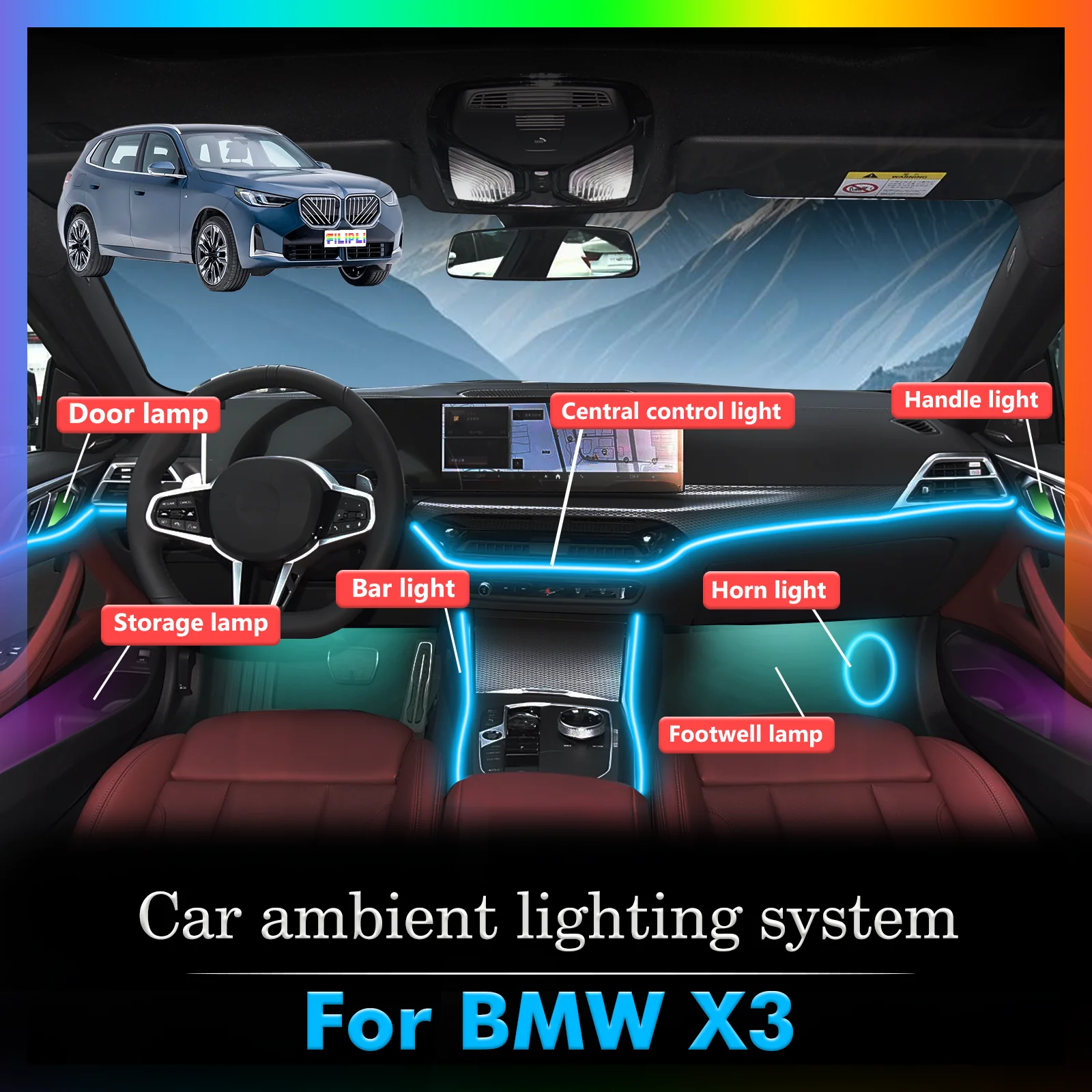 For BMW X3 Smart Remote Control Car Interior Ambient Light RGB 64 Colors LED Energy Saving Efficient Lamp Kit
For BMW X3 Smart Remote Control Car Interior Ambient Light RGB 64 Colors LED Energy Saving Efficient Lamp Kit
