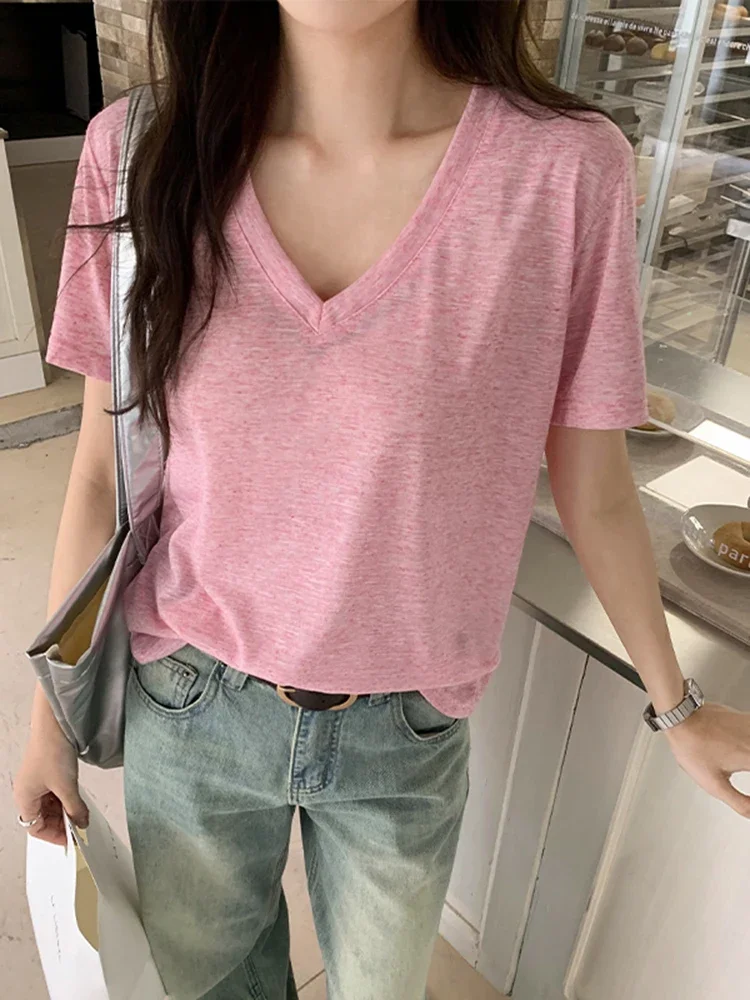 Pink Sweet Office Ladies Casual Loose Knitting Female T-shirts Summer Classic V-neck Fashion Solid Color Simple Women T-shirts
Pink Sweet Office Ladies Casual Loose Knitting Female T-shirts Summer Classic V-neck Fashion Solid Color Simple Women T-shirts