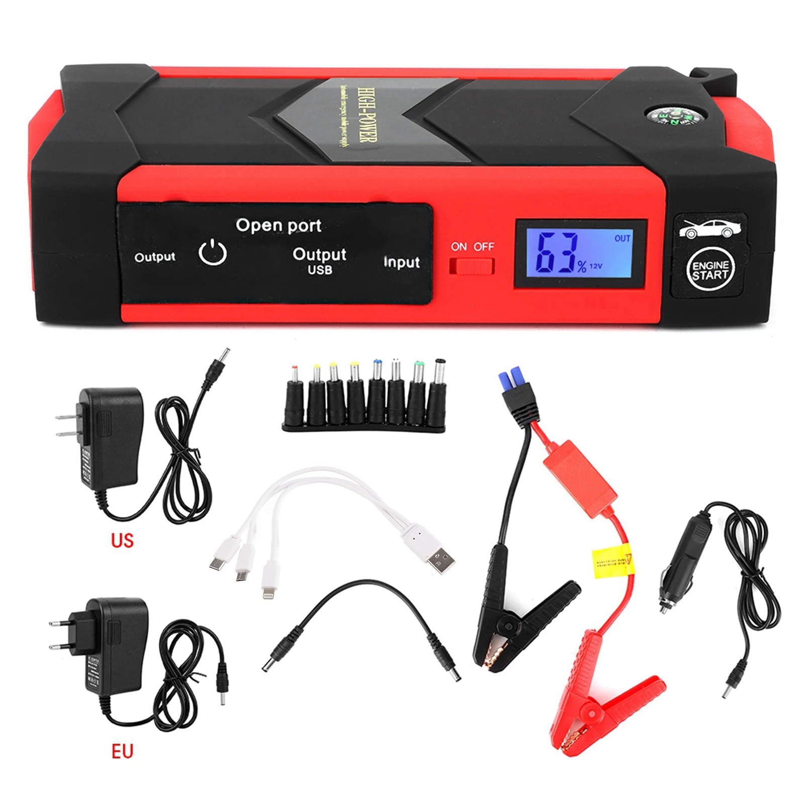 12V 26000Mah Multifunctional Digital Display Smart Jump Starter Emergency Power Bank Charger Kit Red 110V-240V
12V 26000Mah Multifunctional Digital Display Smart Jump Starter Emergency Power Bank Charger Kit Red 110V-240V
