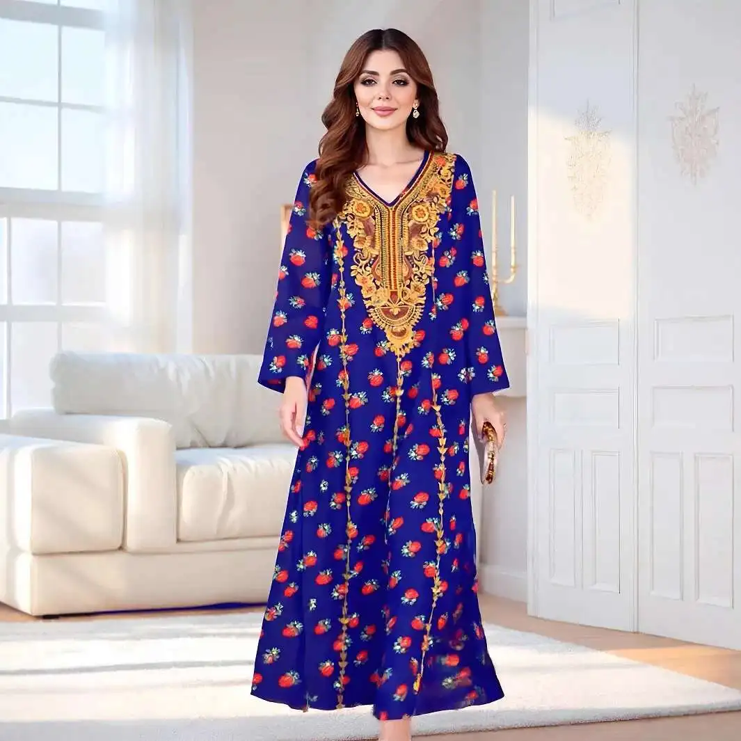 M317# Muslim Robe Women's Fashion V-neck Printed Long Dress Saudi Arabia Dress Robe Abaya Ramadan Dubai Luxury Islam Elegant
M317# Muslim Robe Women's Fashion V-neck Printed Long Dress Saudi Arabia Dress Robe Abaya Ramadan Dubai Luxury Islam Elegant