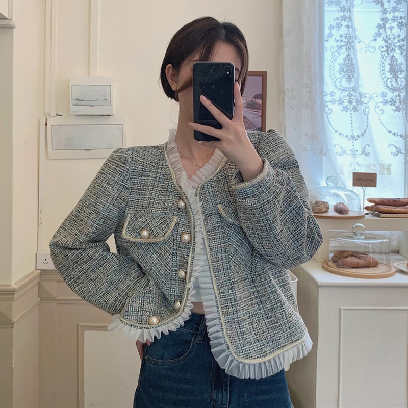 Korean Vintage High Tweed Jacket Coat Women ruffles Single Breasted Plaid Tassel Slim Jackets Office Lady Outwear
Korean Vintage High Tweed Jacket Coat Women ruffles Single Breasted Plaid Tassel Slim Jackets Office Lady Outwear