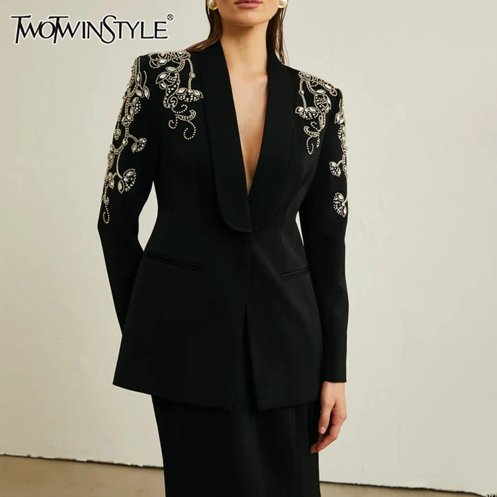 TWOTWINSTYLE Solid Spliced Diamonds Fashion Blazer for Women Lapel Long Sleeves Patchwork Pockets Elegant Coat Female Clothing
TWOTWINSTYLE Solid Spliced Diamonds Fashion Blazer for Women Lapel Long Sleeves Patchwork Pockets Elegant Coat Female Clothing