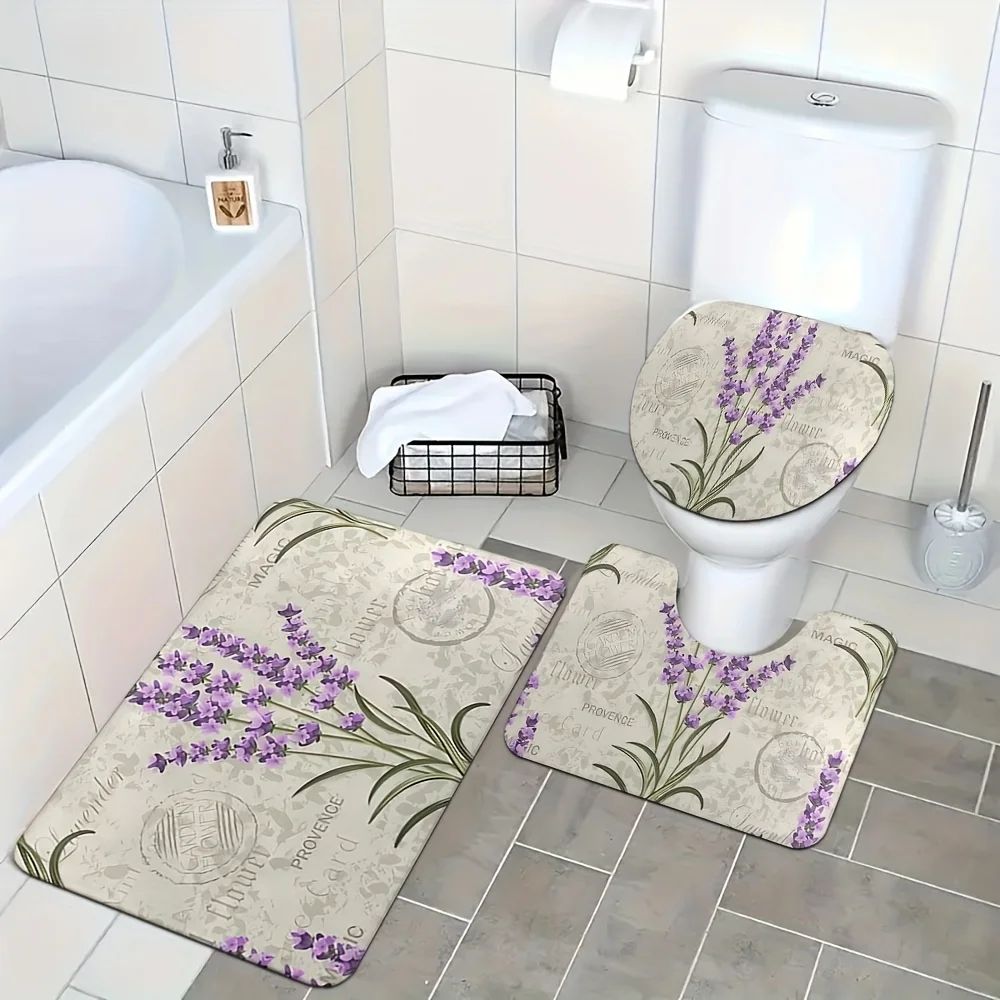 3-Piece Lavender Print Bathroom Mat Set - Polyester Fabric, Machine Washable, Includes U-Shaped Mat and Toilet Seat Cover
3-Piece Lavender Print Bathroom Mat Set - Polyester Fabric, Machine Washable, Includes U-Shaped Mat and Toilet Seat Cover