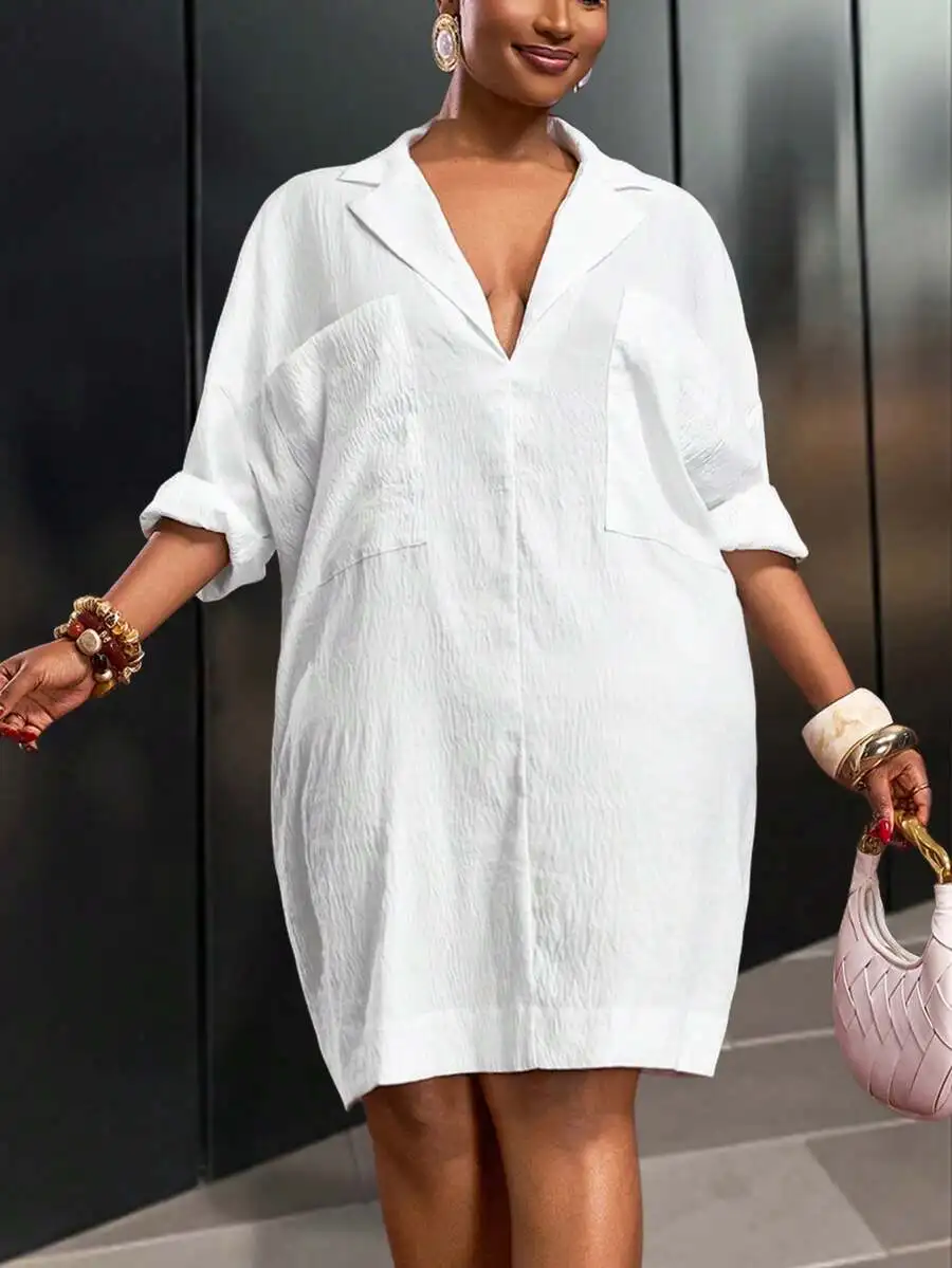 Белое свободное платье-рубашка с карманами для повседневной носки
Белое свободное платье-рубашка с карманами для повседневной носки