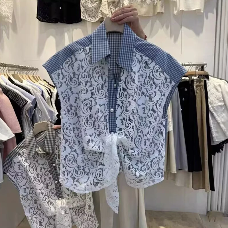 Loose Korean Style Women's Shirt No Sleeve Plaid Lace Patchwork Belted Summer New Style Breathable Comfortable Cardigan Top
Loose Korean Style Women's Shirt No Sleeve Plaid Lace Patchwork Belted Summer New Style Breathable Comfortable Cardigan Top