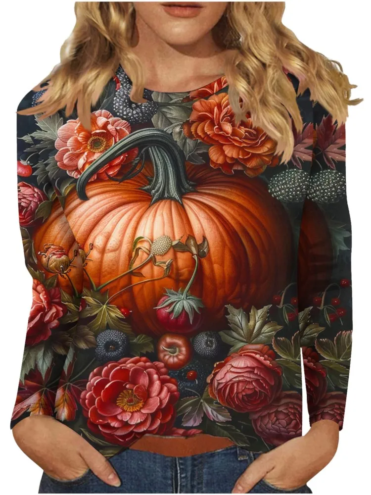 Halloween T-shirts For Ladies New Pumpkin Printing Elegant Slim Casual O-neck Long Sleeve Female's Tops 2024 Spring And Autumn
Halloween T-shirts For Ladies New Pumpkin Printing Elegant Slim Casual O-neck Long Sleeve Female's Tops 2024 Spring And Autumn