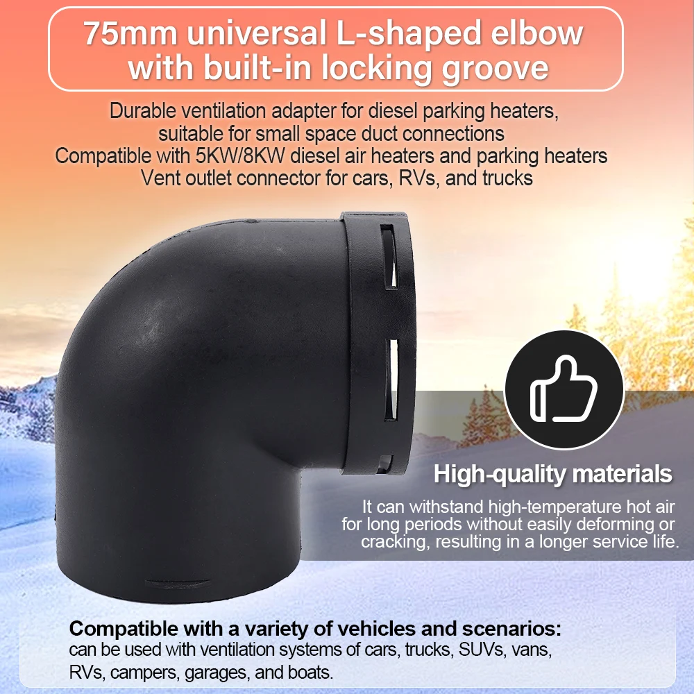 75-мм L-образный воздуховод для дизельного отопителя Webasto Eberspaecher/автономного отопителя, соединитель-колено, автомобильные аксессуары
75-мм L-образный воздуховод для дизельного отопителя Webasto Eberspaecher/автономного отопителя, соединитель-колено, автомобильные аксессуары