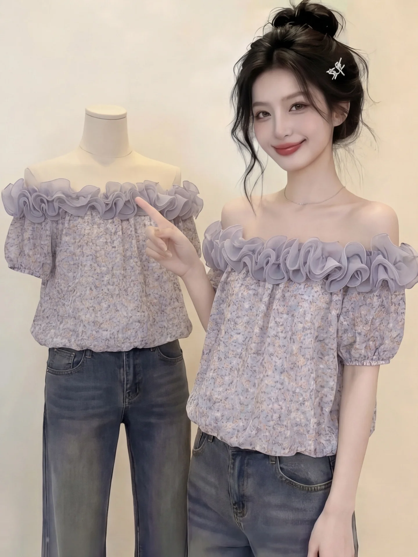 Korean Style Beautiful Purple 3D Lace One Shoulder Floral Print Summer Casual Loose Fit Women's Chiffon Top Shoulder Bared
Korean Style Beautiful Purple 3D Lace One Shoulder Floral Print Summer Casual Loose Fit Women's Chiffon Top Shoulder Bared