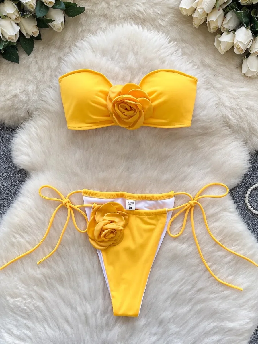 ssTss Sexy American Style 3D Floral Sleeveless Tube Top Bikini Beach Set with Strappy Shorts Women's Yellow sexy Bikini Suits
ssTss Sexy American Style 3D Floral Sleeveless Tube Top Bikini Beach Set with Strappy Shorts Women's Yellow sexy Bikini Suits
