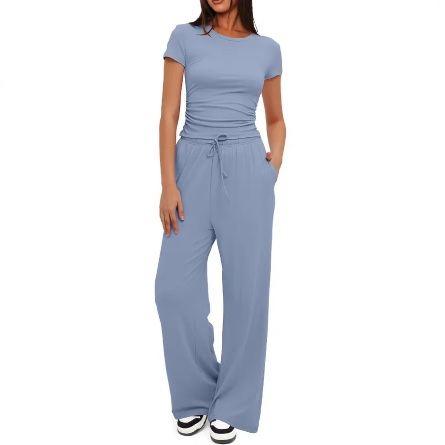 【HOT】-mirror Europe and America new products solid color casual suit pleated short-sleeved top high-waist wide-leg pants sport
【HOT】-mirror Europe and America new products solid color casual suit pleated short-sleeved top high-waist wide-leg pants sport