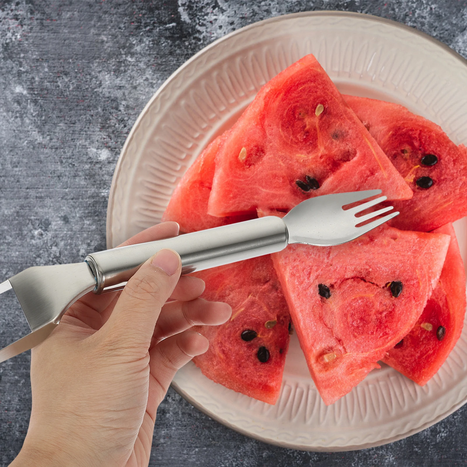 Portable Watermelon Fork Slicer Stainless Steel Fruit Cutter Non Slip Handle Melon Cube Kitchen Tool
Portable Watermelon Fork Slicer Stainless Steel Fruit Cutter Non Slip Handle Melon Cube Kitchen Tool