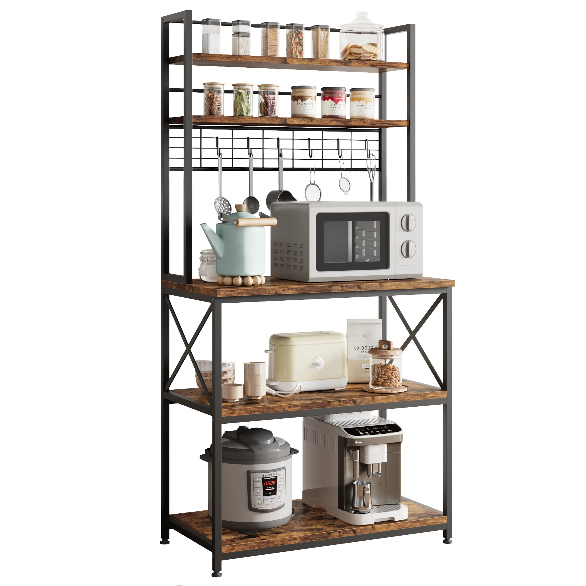 Kitchen Standing Microwave Shelf 5-storey, 3 large worktops, 2 upper shelves, 6 hooks, Weight bearing 68kg,Restaurant and Bar
Kitchen Standing Microwave Shelf 5-storey, 3 large worktops, 2 upper shelves, 6 hooks, Weight bearing 68kg,Restaurant and Bar