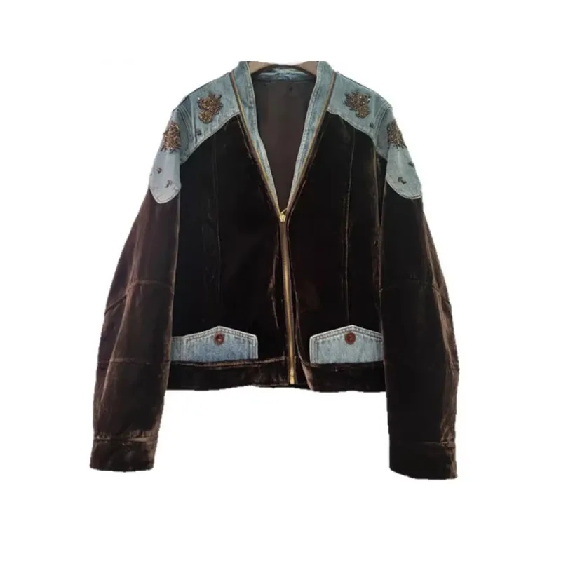 Women's Coat Patchwork Zipper Denim Velvet Beading Long Sleeve Loose Vintage Jackets 2026 Autumn New Fashion
Women's Coat Patchwork Zipper Denim Velvet Beading Long Sleeve Loose Vintage Jackets 2026 Autumn New Fashion