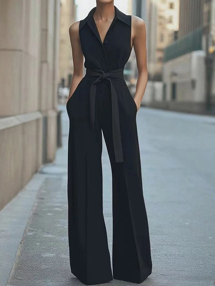 Summer Street Loose Straight Playsuits Simple Solid Color Lapel Commuting Romper Casual Lace Up High Waist Sleeveless Jumpsuit
Summer Street Loose Straight Playsuits Simple Solid Color Lapel Commuting Romper Casual Lace Up High Waist Sleeveless Jumpsuit