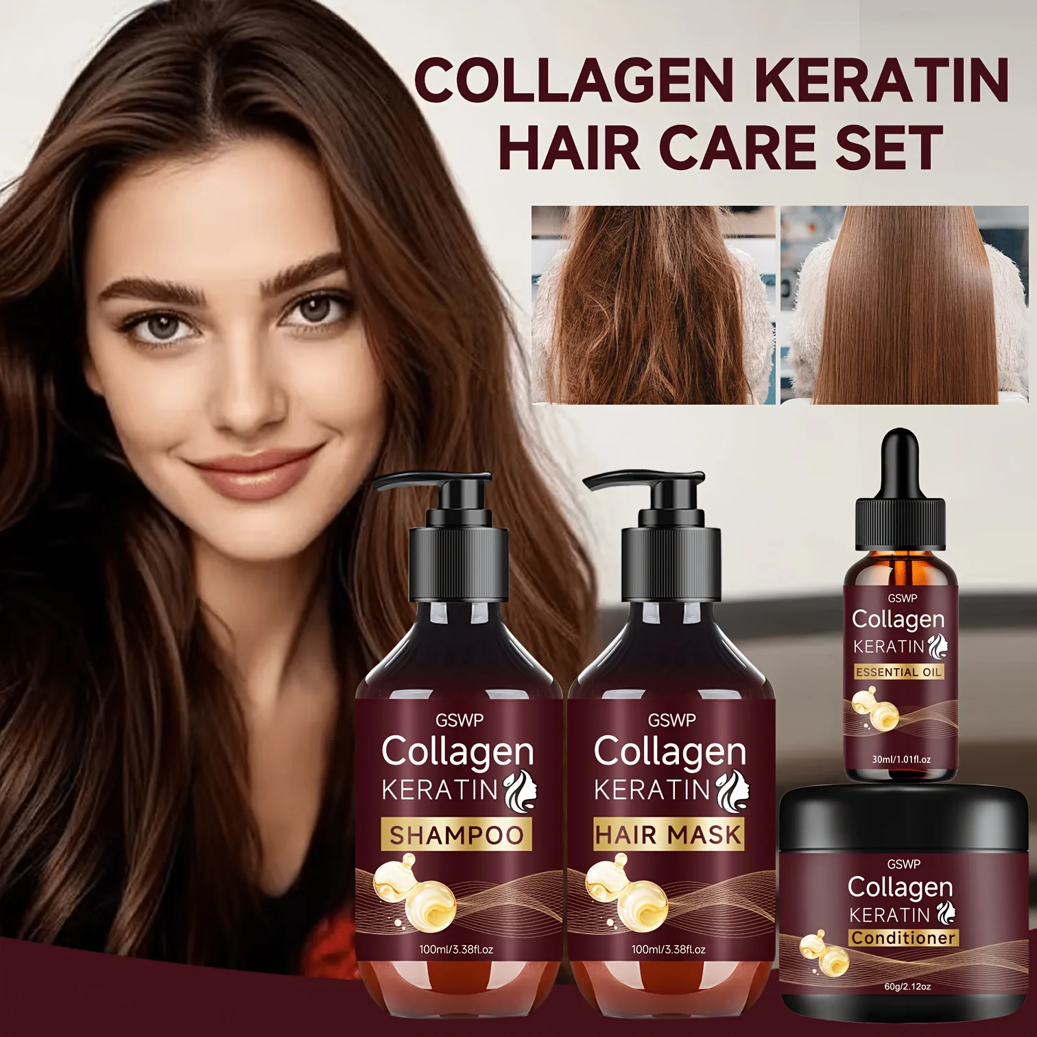 GSWP 4-Piece Keratin Care Set: Keratin Shampoo, Conditioner, Hair Mask & Oil. Deeply cleanses,nourishes hair,improve frizz.320g
GSWP 4-Piece Keratin Care Set: Keratin Shampoo, Conditioner, Hair Mask & Oil. Deeply cleanses,nourishes hair,improve frizz.320g