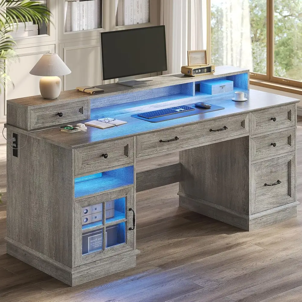 Modern Executive Desk with Dual Computer Desks, Power Outlet, LED Lights, Storage Cabinet, and Monitor Shelf for Home Office, Gr
Modern Executive Desk with Dual Computer Desks, Power Outlet, LED Lights, Storage Cabinet, and Monitor Shelf for Home Office, Gr