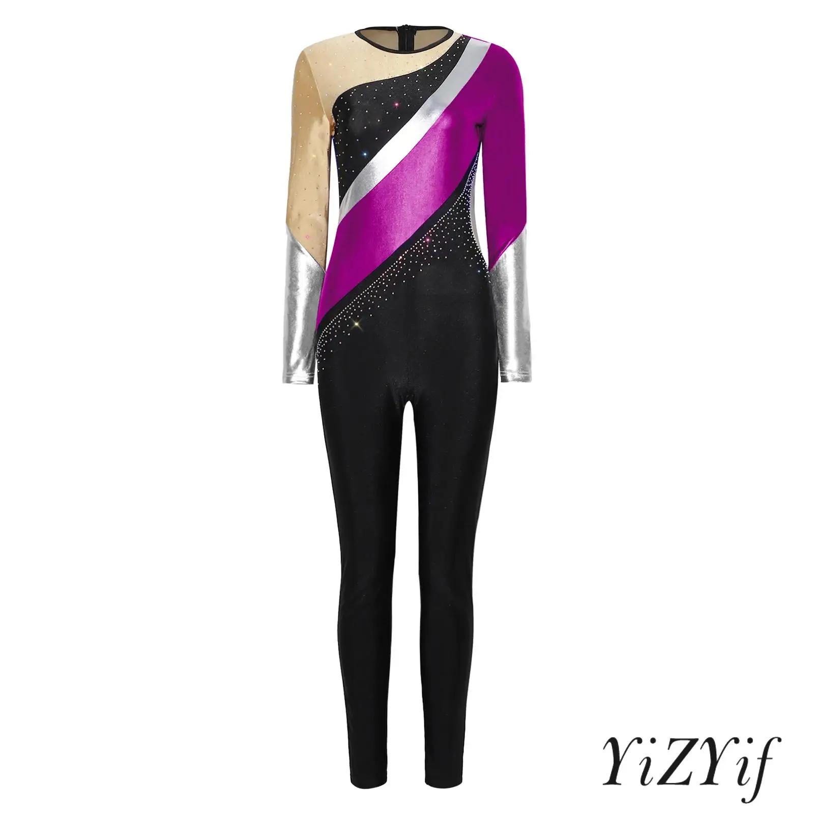 Womens Dance Jumpsuit Metallic Shiny Color Block Rhinestone Embellished Long Sleeve Full Pants Unitard for Gymnastics Stage Show
Womens Dance Jumpsuit Metallic Shiny Color Block Rhinestone Embellished Long Sleeve Full Pants Unitard for Gymnastics Stage Show