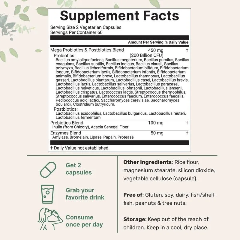 Mega Probiotics 200 Billion CFU - Reduces Bloating and Constipation, Supports Intestinal and Digestive Health
Mega Probiotics 200 Billion CFU - Reduces Bloating and Constipation, Supports Intestinal and Digestive Health