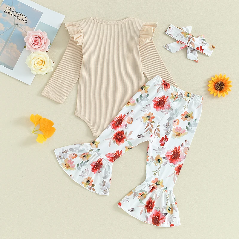 Newborn Girl Fall Clothes Solid Color Ribbed Long Sleeve Romper with Flower Flare Pants and Bow Headband Outfit
Newborn Girl Fall Clothes Solid Color Ribbed Long Sleeve Romper with Flower Flare Pants and Bow Headband Outfit