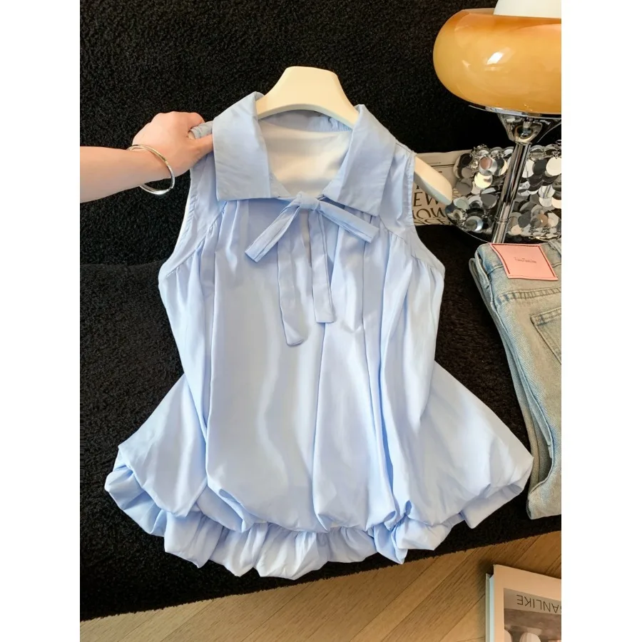 Blue Flower Bud Sleeveless Shirt Women Summer Turn-down Collar Loose Sweet Doll Top Cover Belly Citywalk Casual Style Shirt
Blue Flower Bud Sleeveless Shirt Women Summer Turn-down Collar Loose Sweet Doll Top Cover Belly Citywalk Casual Style Shirt