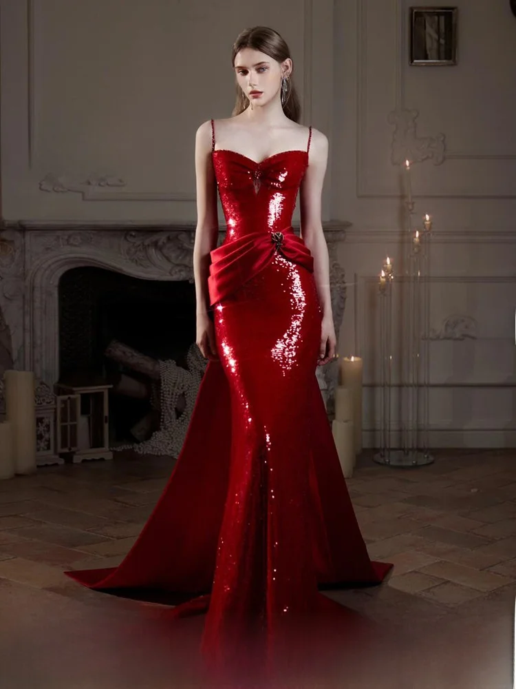 Red Wine Color Bridal Gown Sparkling Sequin Fi Tail Evening Par Wedding Dr Ele Strapl Long Skirt for Young Women
Red Wine Color Bridal Gown Sparkling Sequin Fi Tail Evening Par Wedding Dr Ele Strapl Long Skirt for Young Women