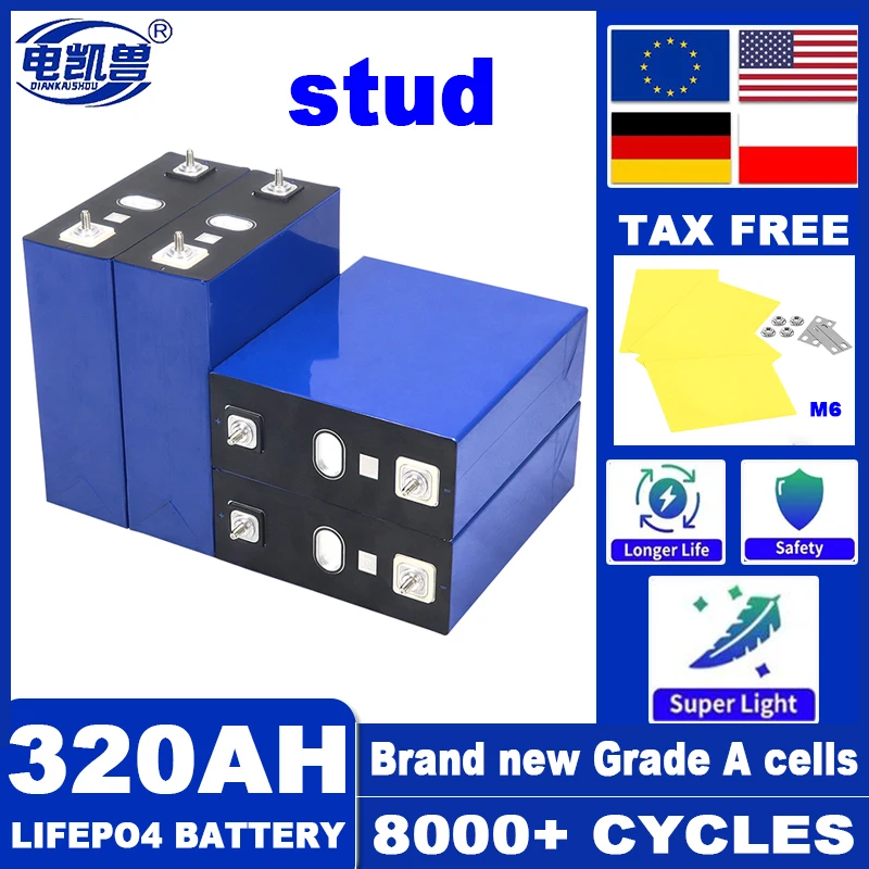 New stud 320Ah LiFePO4 Battery Grade A 3.2V Rechargeable Lithium Iron Phosphate Cell DIY 12V 24V 48V RV Vans Golf Cart no tax
New stud 320Ah LiFePO4 Battery Grade A 3.2V Rechargeable Lithium Iron Phosphate Cell DIY 12V 24V 48V RV Vans Golf Cart no tax