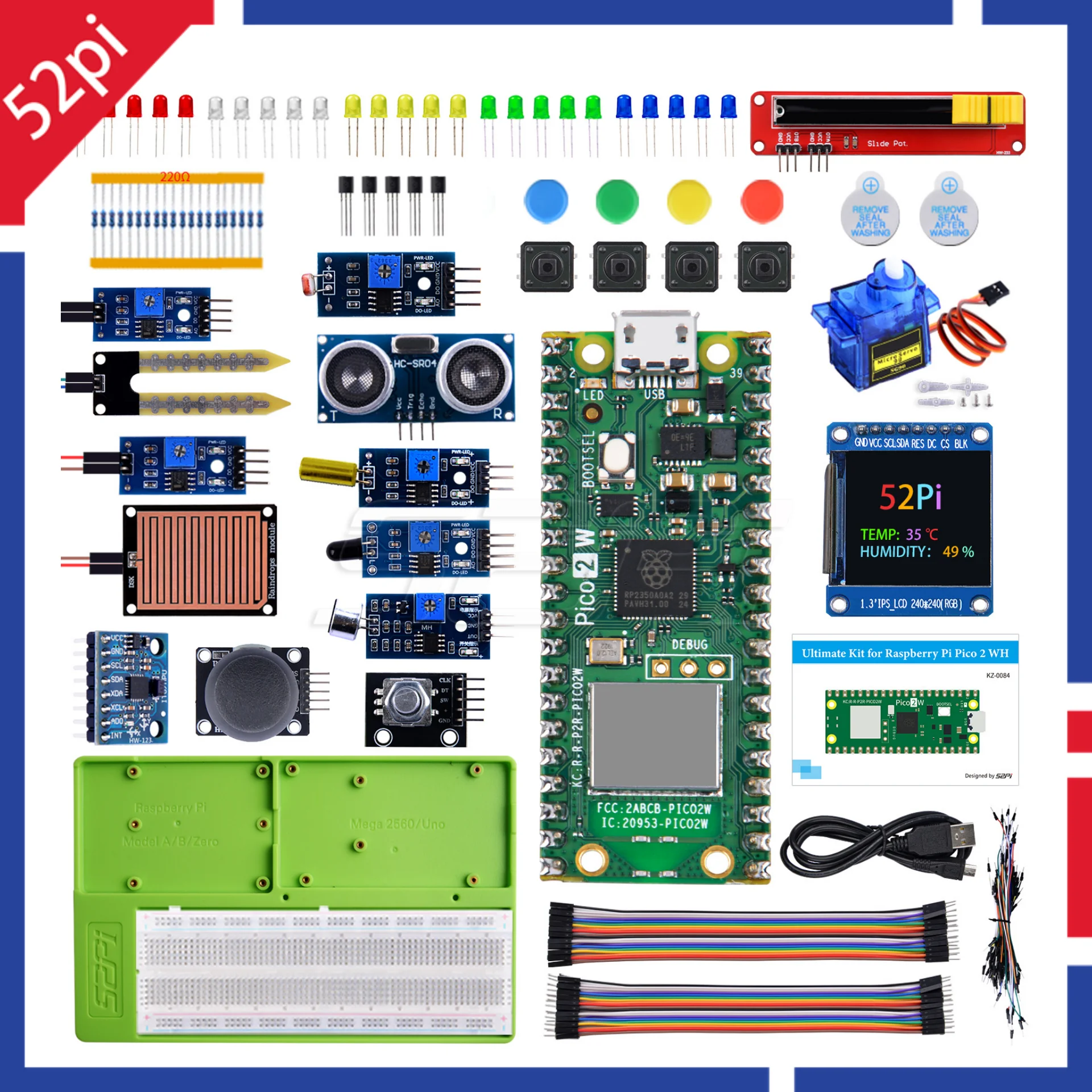 52Pi Raspberry Pi Pico 2 WH Ultimate Стартовый комплект для программирования, макетная плата, светодиодный датчик, сделай сам
52Pi Raspberry Pi Pico 2 WH Ultimate Стартовый комплект для программирования, макетная плата, светодиодный датчик, сделай сам