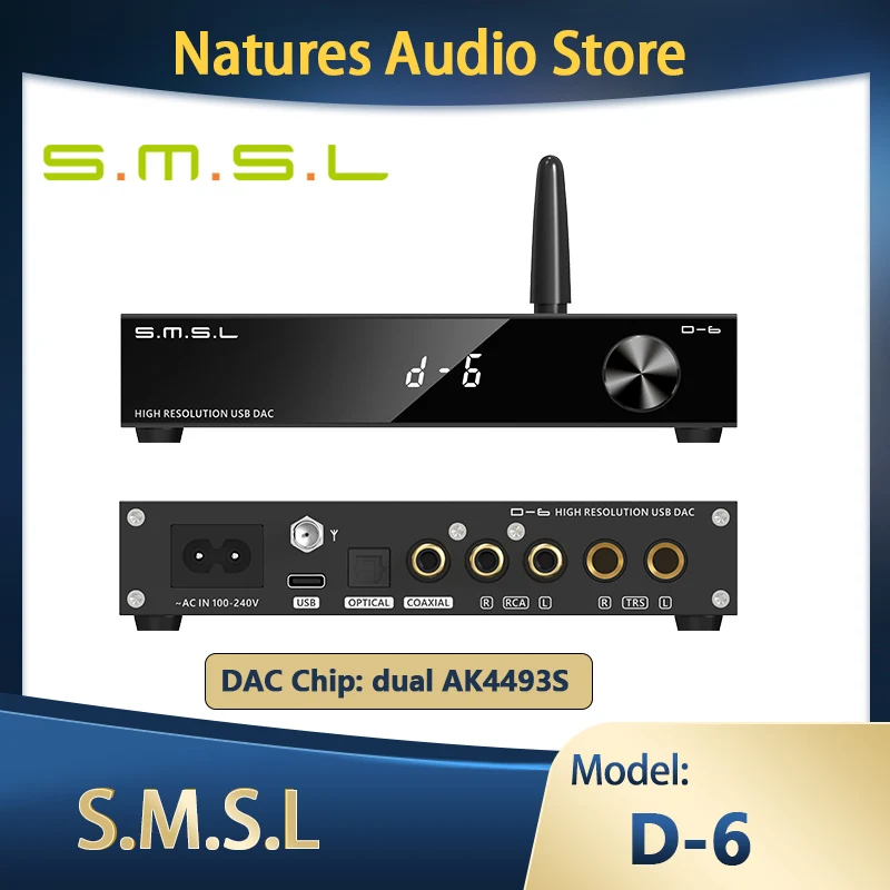 Настольный Hi-Fi USB декодер SMSL D-6 D6, двойной чип AK4493S DAC Bluetooth 5,1 QCC5152, поддерживает SBC, AAC,APTX,APTX HD и LDAC
Настольный Hi-Fi USB декодер SMSL D-6 D6, двойной чип AK4493S DAC Bluetooth 5,1 QCC5152, поддерживает SBC, AAC,APTX,APTX HD и LDAC