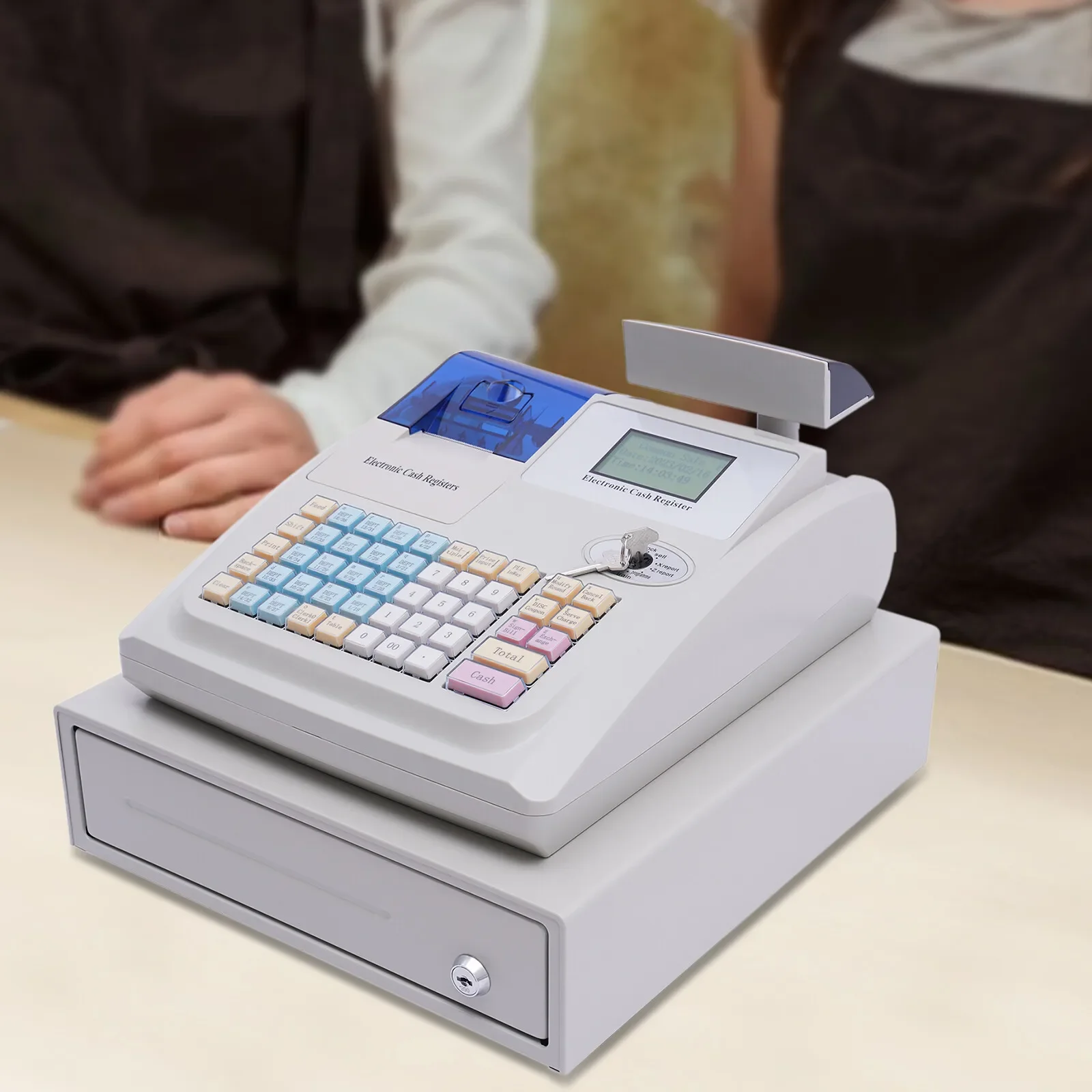 Secure Cash Register with 6-Level Authority Control, Offline POS Machine with Cash Drawer, USB/RS232 Connectivity for Business