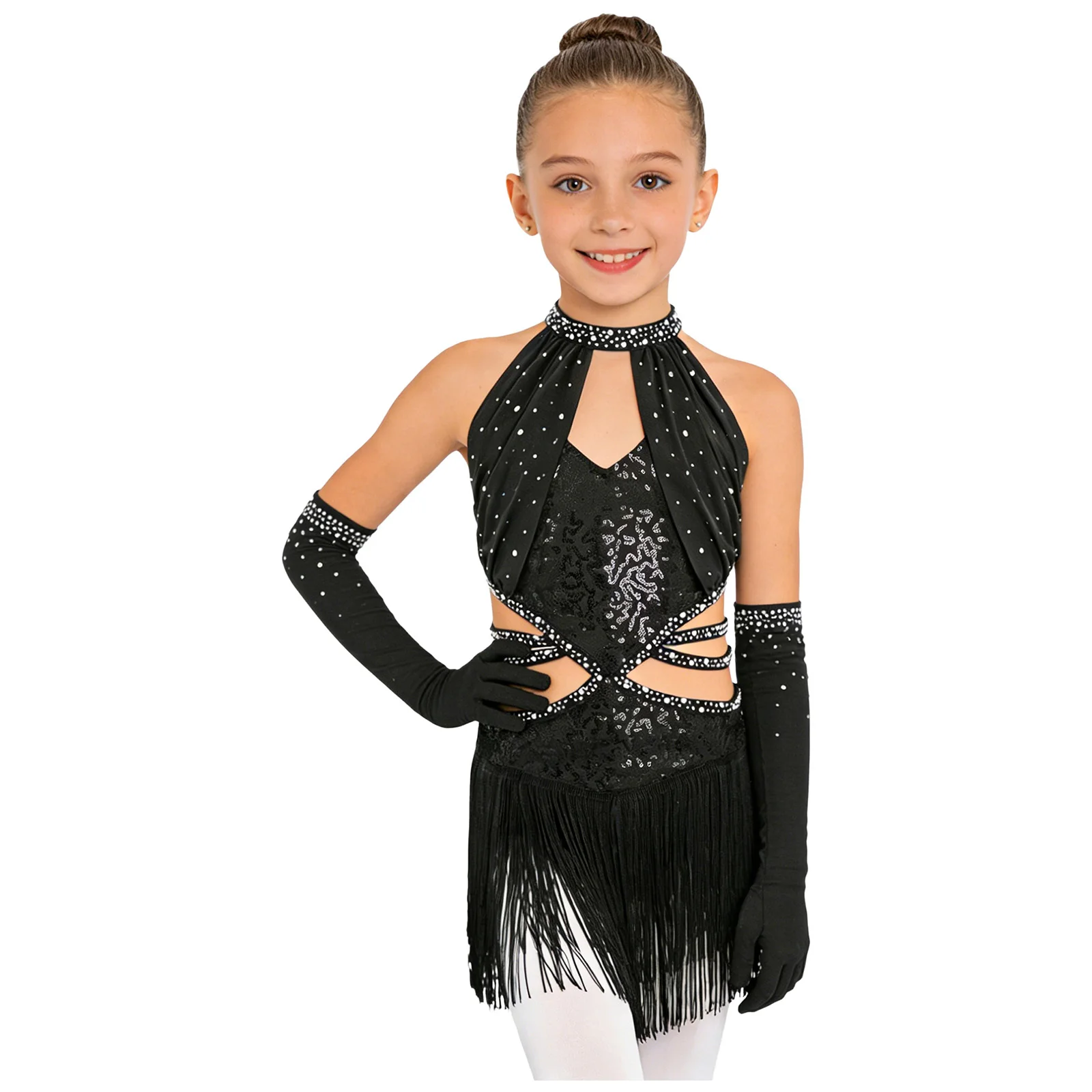 Kids Girls Sequin Tassel Latin Dance Dress Ruched Mesh Cutout Strappy Waist Leotard with Gloves Ballroom Tango Salsa Dancewear
Kids Girls Sequin Tassel Latin Dance Dress Ruched Mesh Cutout Strappy Waist Leotard with Gloves Ballroom Tango Salsa Dancewear