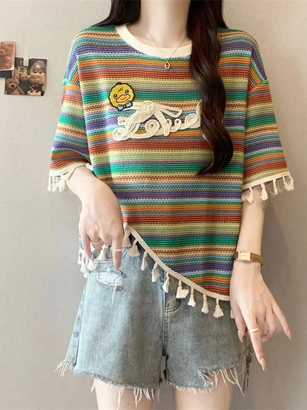 plus Size Women's Lazy Style Vacation Striped Rainbow Fringe Short Sleeve T-Shirt Loose Summer Versatile Top Korean Style Kni...
plus Size Women's Lazy Style Vacation Striped Rainbow Fringe Short Sleeve T-Shirt Loose Summer Versatile Top Korean Style Kni...