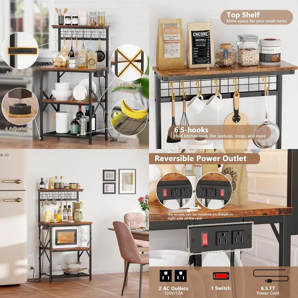 Кухонная полка-стеллаж в деревенском стиле, коричневая, 4 яруса, с розеткой, подставкой для микроволновки, кофейным столиком и 6 крючками для хранения и специй
Кухонная полка-стеллаж в деревенском стиле, коричневая, 4 яруса, с розеткой, подставкой для микроволновки, кофейным столиком и 6 крючками для хранения и специй