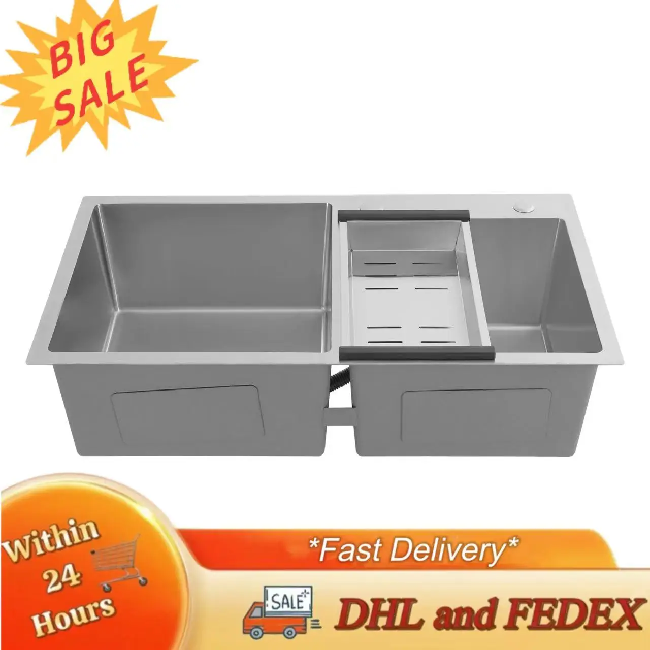 Stainless Steel Kitchen Sink Double Bowl Kitchen Sink Rust-Resistant Kitchen Sink with a Drain Basket and V-shaped Drainer
Stainless Steel Kitchen Sink Double Bowl Kitchen Sink Rust-Resistant Kitchen Sink with a Drain Basket and V-shaped Drainer