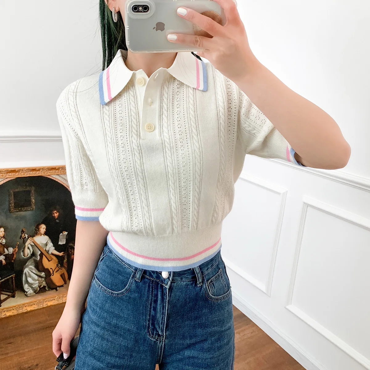 Women Turn-down Collar Knitted Sweater 2023 New Short Sleeve Pullover Ladies Contrast Color Trim Hollow Out Top with Buttons
Women Turn-down Collar Knitted Sweater 2023 New Short Sleeve Pullover Ladies Contrast Color Trim Hollow Out Top with Buttons