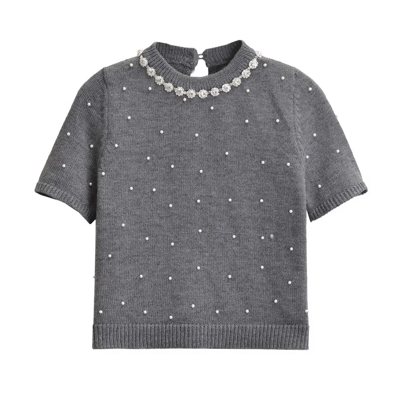 Korobov Elegant Grey Knit Top Chic Grey Short Sleeve Sweater Pearl Jeweled Neckline Knitted Jumper Vintage Fashion Ropa De Mujer
Korobov Elegant Grey Knit Top Chic Grey Short Sleeve Sweater Pearl Jeweled Neckline Knitted Jumper Vintage Fashion Ropa De Mujer