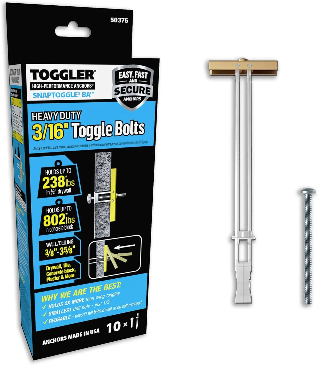 Heavy-Duty Drywall Toggle Bolt 3/16"-24 UNC, 238 lbs Holding, 10 Pack with Bolts, Easy Install
Heavy-Duty Drywall Toggle Bolt 3/16"-24 UNC, 238 lbs Holding, 10 Pack with Bolts, Easy Install