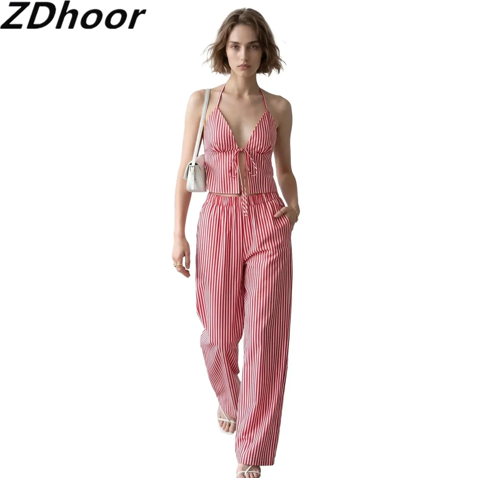 Women Striped Printed Set Halter V Neck Front Tying Camisole And Wide Leg Trousers with Pockets for Office And Daily
Women Striped Printed Set Halter V Neck Front Tying Camisole And Wide Leg Trousers with Pockets for Office And Daily
