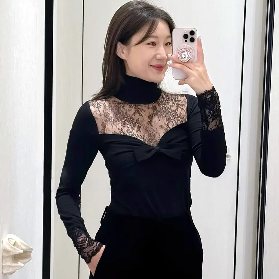 Sexy Women's Lace Sweaters Wool Fashion White Bow Pullover Elegant Ladies Black Knitted Top
Sexy Women's Lace Sweaters Wool Fashion White Bow Pullover Elegant Ladies Black Knitted Top