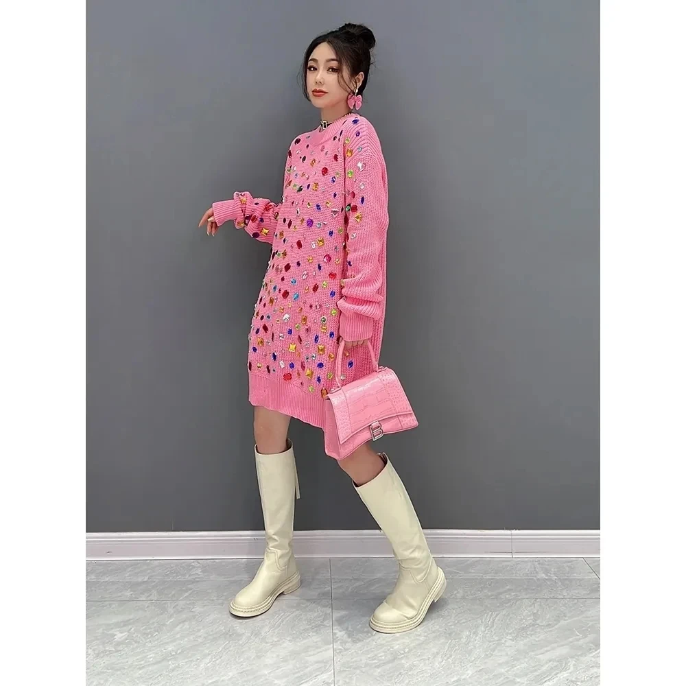 Knitted Sweater Dress Women Long Sleeve Loose Fashion Street Heavy Beaded Autumn Winter O Neck Pullover Mini Knitting Dresses
Knitted Sweater Dress Women Long Sleeve Loose Fashion Street Heavy Beaded Autumn Winter O Neck Pullover Mini Knitting Dresses