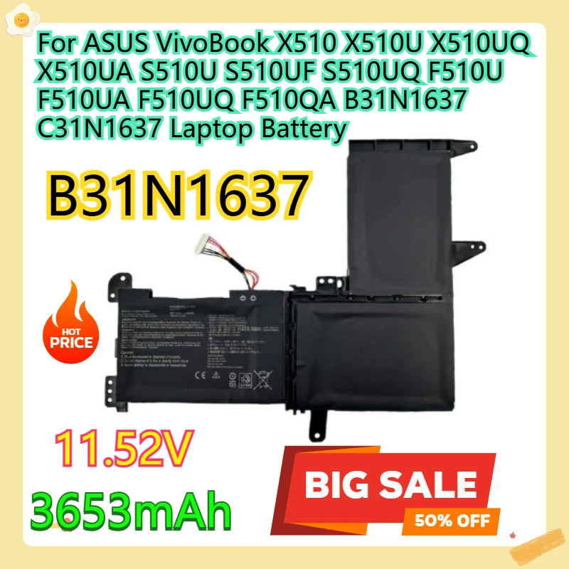 For ASUS VivoBook X510 X510U X510UQ X510UA S510U S510UF S510UQ F510U F510UA F510UQ F510QA B31N1637 C31N1637 Laptop Battery
For ASUS VivoBook X510 X510U X510UQ X510UA S510U S510UF S510UQ F510U F510UA F510UQ F510QA B31N1637 C31N1637 Laptop Battery