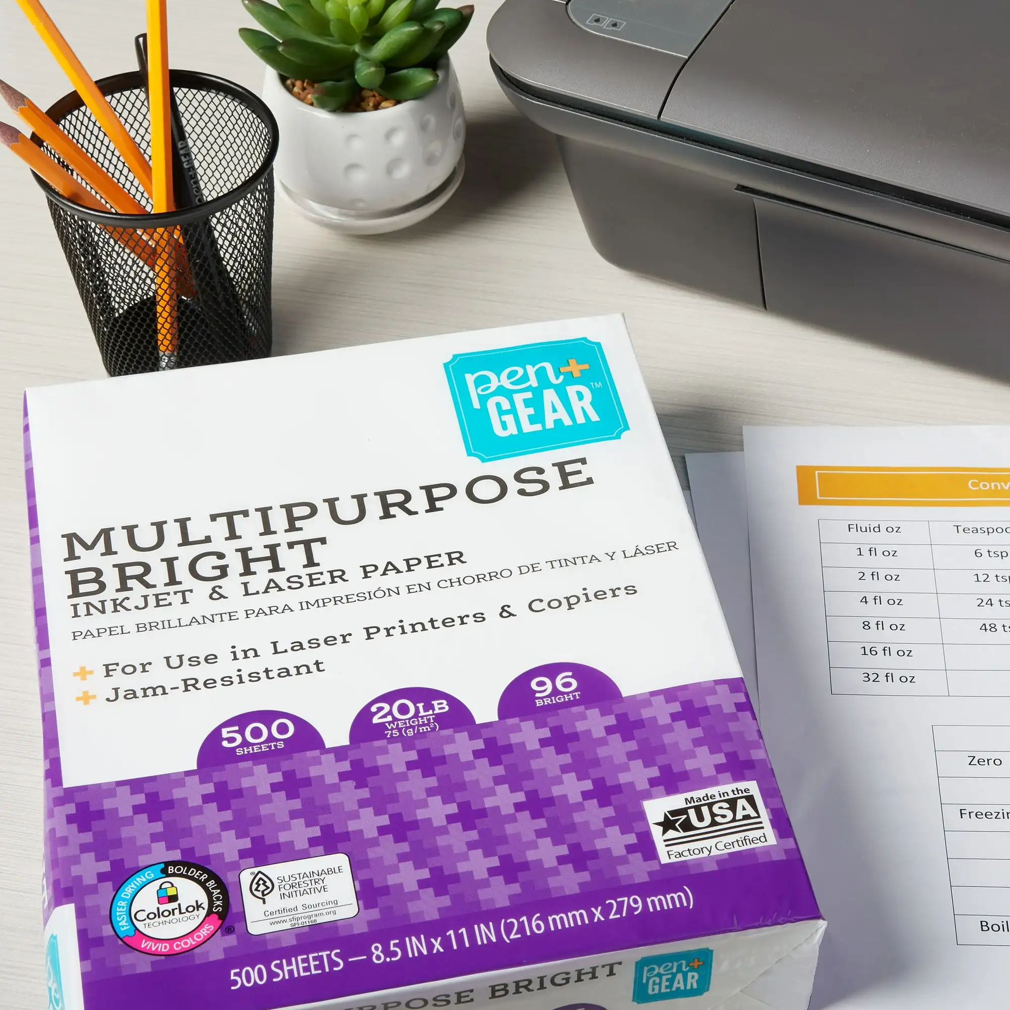 (5 pack) Pen+Gear Multipurpose Bright Paper, 8.5" x 11", 96 Bright, White, 20 lb., 1 Ream (500 Sheets)
(5 pack) Pen+Gear Multipurpose Bright Paper, 8.5" x 11", 96 Bright, White, 20 lb., 1 Ream (500 Sheets)