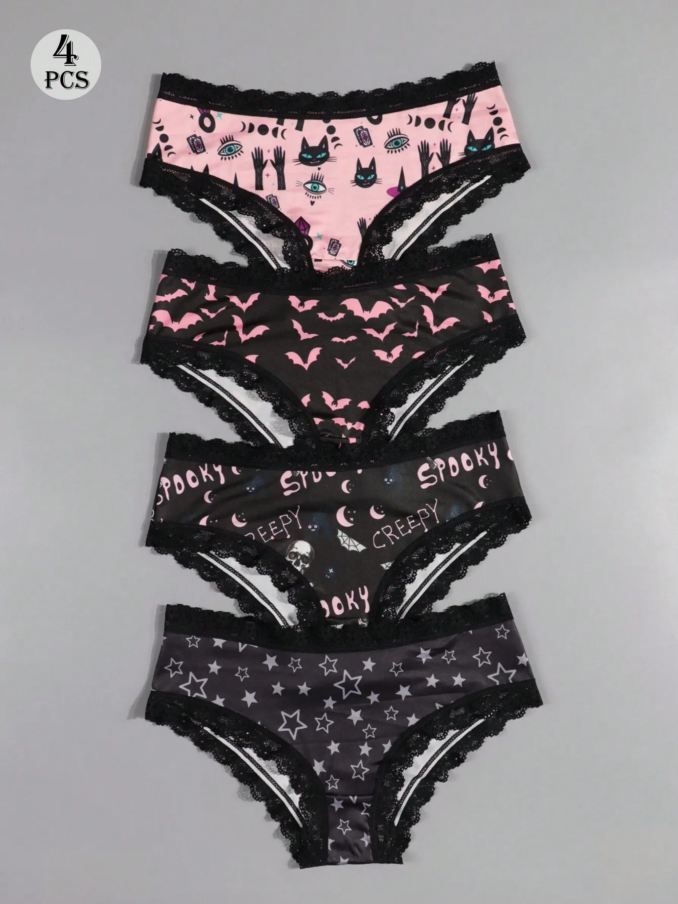 4-Pack Gothic-Style Women's Lace Trim Hipster Panties with Cat, Bat, Skull, Star & Spell Print
4-Pack Gothic-Style Women's Lace Trim Hipster Panties with Cat, Bat, Skull, Star & Spell Print