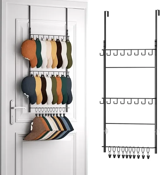 Over Door Hat Rack - 3 Tier Wall Mounted Hat Organizer with 16 Hooks and 10 Movable Clips, Baseball
Over Door Hat Rack - 3 Tier Wall Mounted Hat Organizer with 16 Hooks and 10 Movable Clips, Baseball