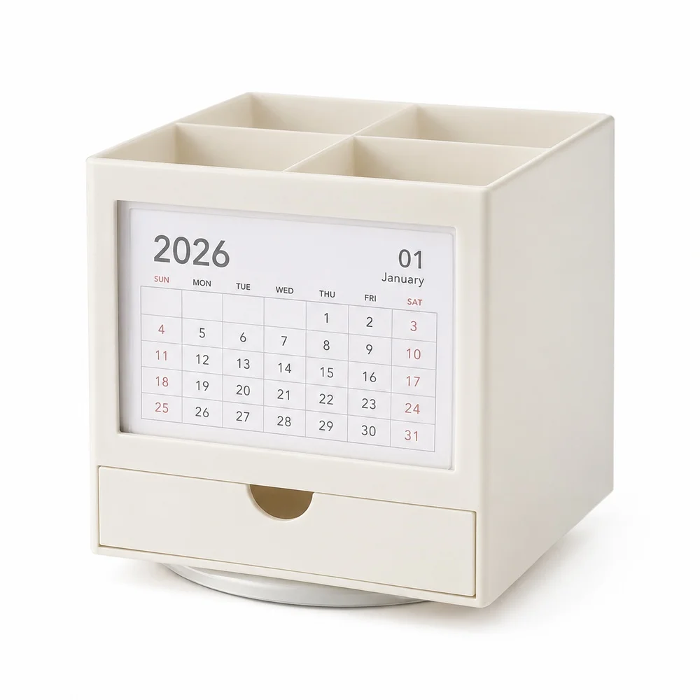 2026 Rotating Desk Calendar Pen Holder Ivory White Plastic Organizer with Drawer 4 Compartments for Office Study Desktop Storage
2026 Rotating Desk Calendar Pen Holder Ivory White Plastic Organizer with Drawer 4 Compartments for Office Study Desktop Storage