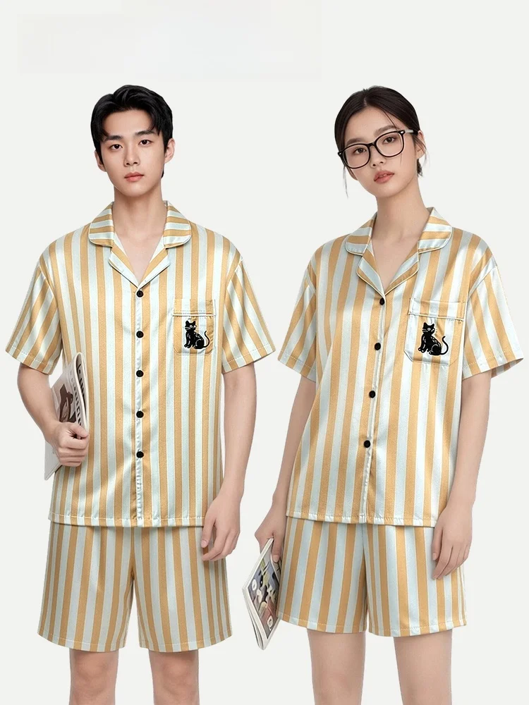 Couple's Summer Ice Silk Sleepwear Short Sleeve Shorts Home Clothes Set Orange Vertical Stripe Loose Fit Comfortable Breathable
Couple's Summer Ice Silk Sleepwear Short Sleeve Shorts Home Clothes Set Orange Vertical Stripe Loose Fit Comfortable Breathable