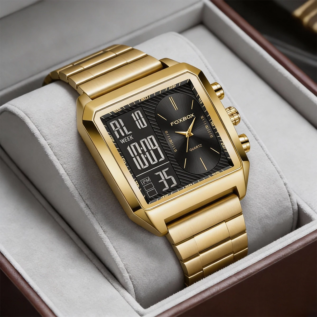FOXBOX Мужские роскошные наручные часы золотого цвета, водонепроницаемые светящиеся часы из нержавеющей стали, многофункциональные часы для дайвинга + коробка
FOXBOX Мужские роскошные наручные часы золотого цвета, водонепроницаемые светящиеся часы из нержавеющей стали, многофункциональные часы для дайвинга + коробка